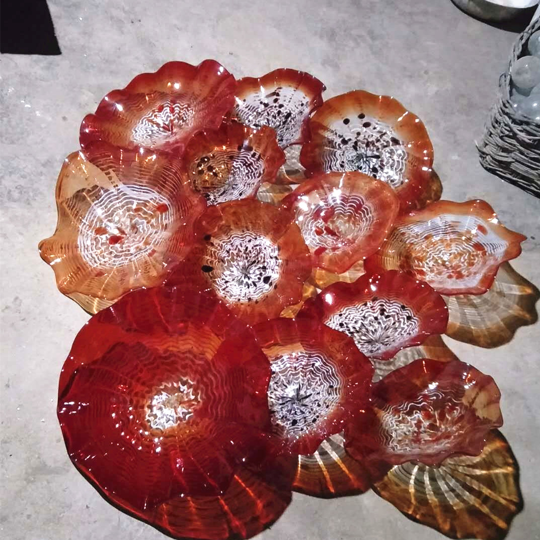 Image of Hand Blown Murano Glass Hanging Wall Lamp Art Plates Europe Style Orange Flower Ceiling Sconce Decor Plate Indoor Decoration