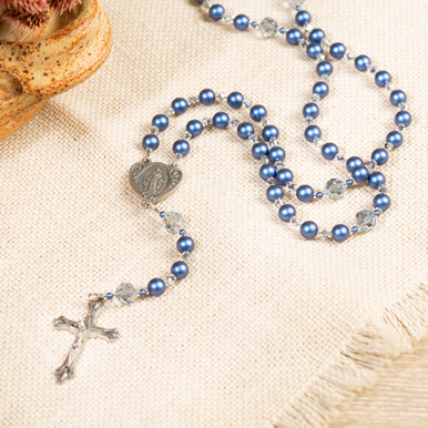Image of Handmade Blue Glass Pearl Miraculous Medal Rosary