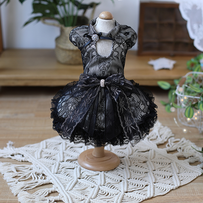 Image of Handmade Dog Apparel Clothes Dress Black Lace Puff Sleeve Court Style Evening Party Pet Cats Outfit Poodle Maltese