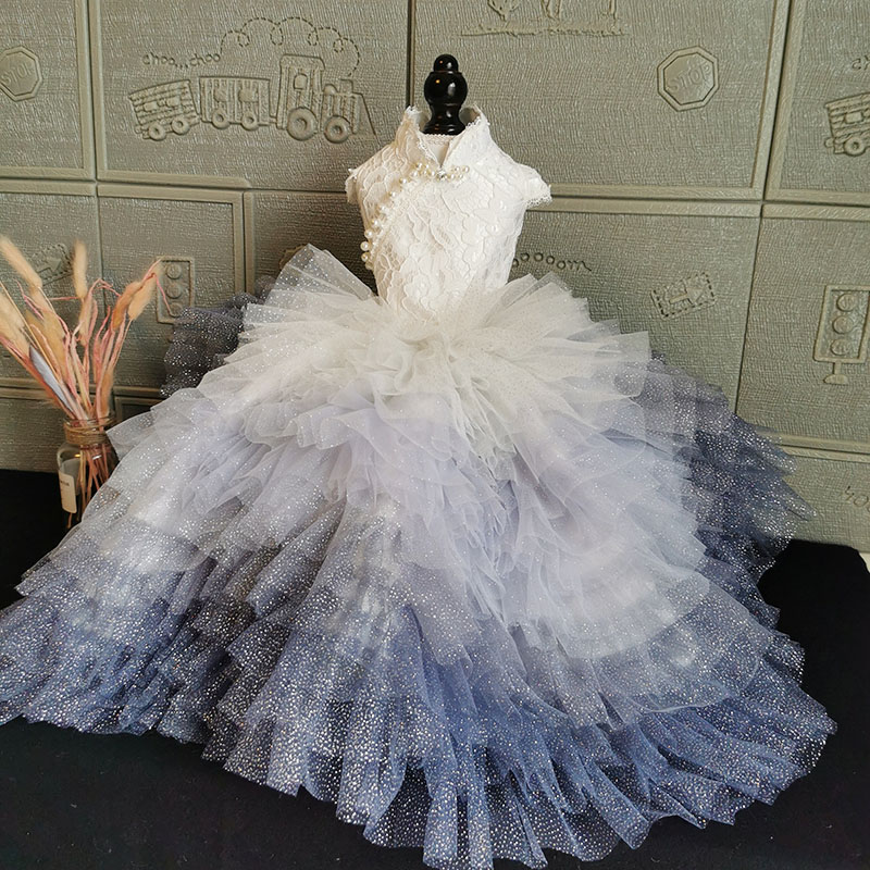 Image of Handmade Dog Apparel Clothes Dress Fairy-Tale White Lace Gray-Blue Gradient Tulle Skirt Chapel Train Pet Trailing Gown