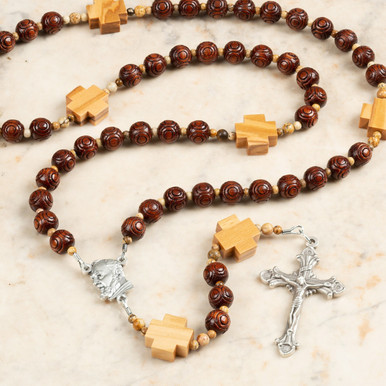 Image of Handmade St Padre Pio Wood Bead Rosary