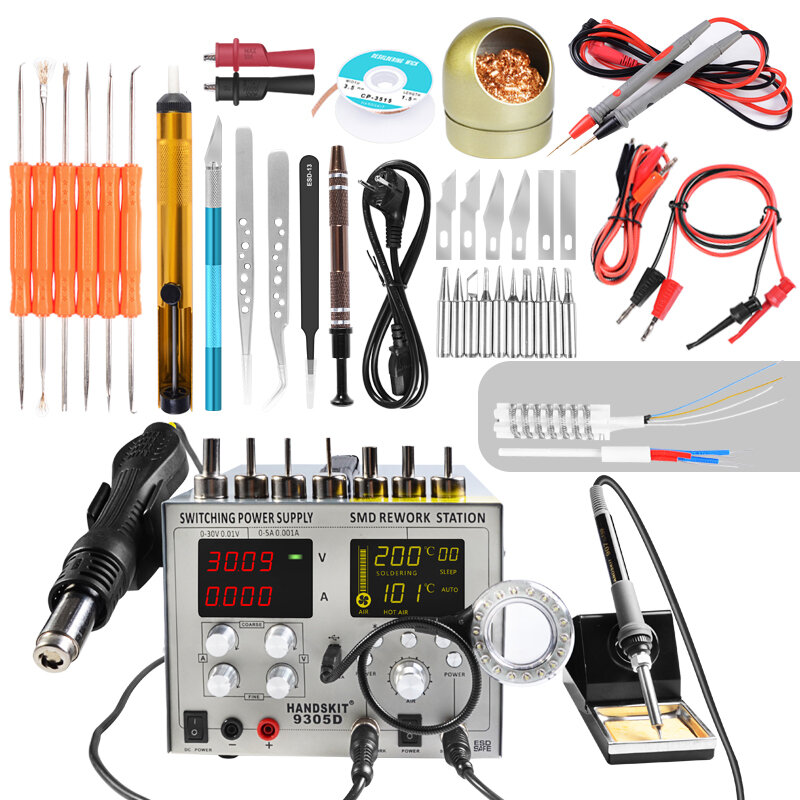 Image of Handskit 9305D 4 in 1 Hot Air Rework Station + Soldering Iron Station + 30V 5A DC Power Supply