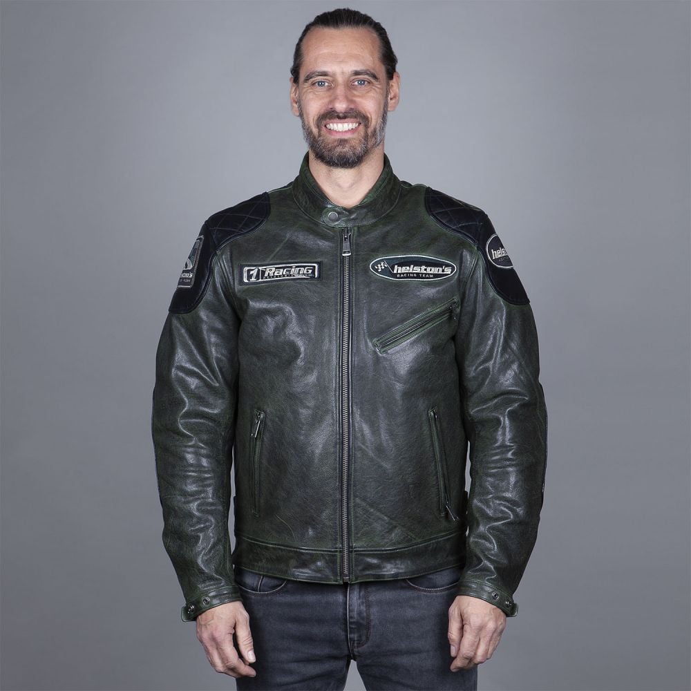 Image of Helstons Trevor Leather Rag Grün Schwarz CE Jacke Größe L