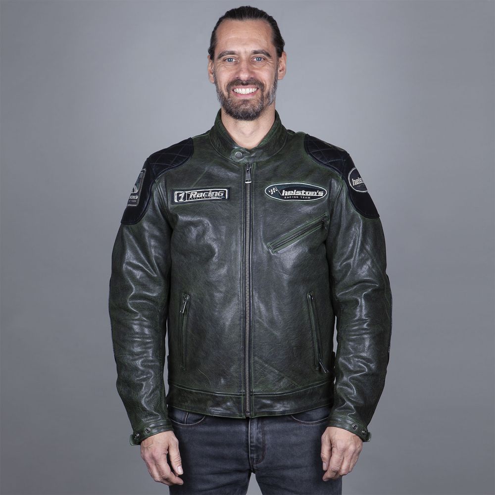 Image of Helstons Trevor Leather Rag Jacket Green Black Talla M
