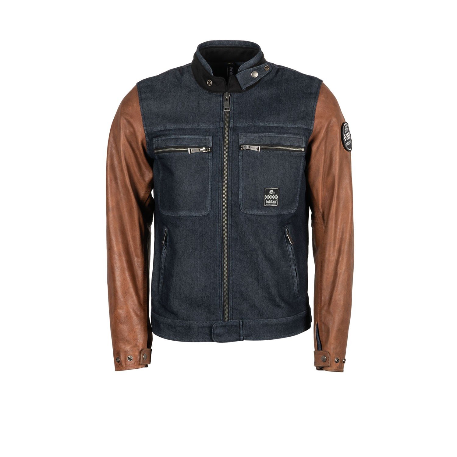 Image of Helstons Winston Canvas Cotton Leather Jacket Blue Brown Size M EN