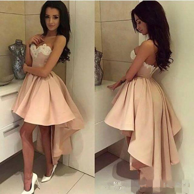 Image of High Low Short Prom Dresses Pearl Pink White Lace Cocktail Sweetheart Sexy Back Formal Party Wear Vintage Gowns