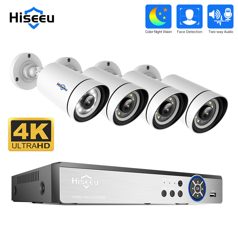 Image of Hiseeu 4K UHD 4CH 8MP PoE Security Camera Kit Color Night Vision Two-way Audio Humanoid Detection Remote APP Viewing Out