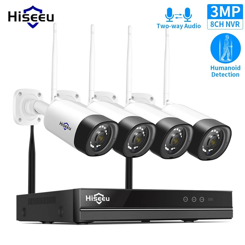 Image of Hiseeu WNKIT-4HB312 8CH 3MP 1536PWireless CCTV Security System NVR KitIR Outdoor Audio Recorrd IP Camera Waterproof