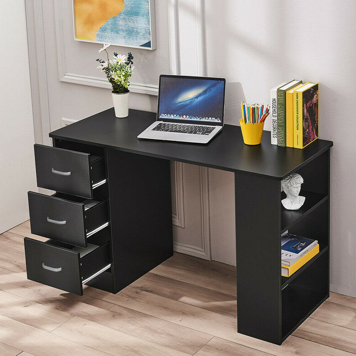 Image of Hoffree Computer Desk PC Laptop MDF Wood Table With 3 Drawers and Shelves for Home Office