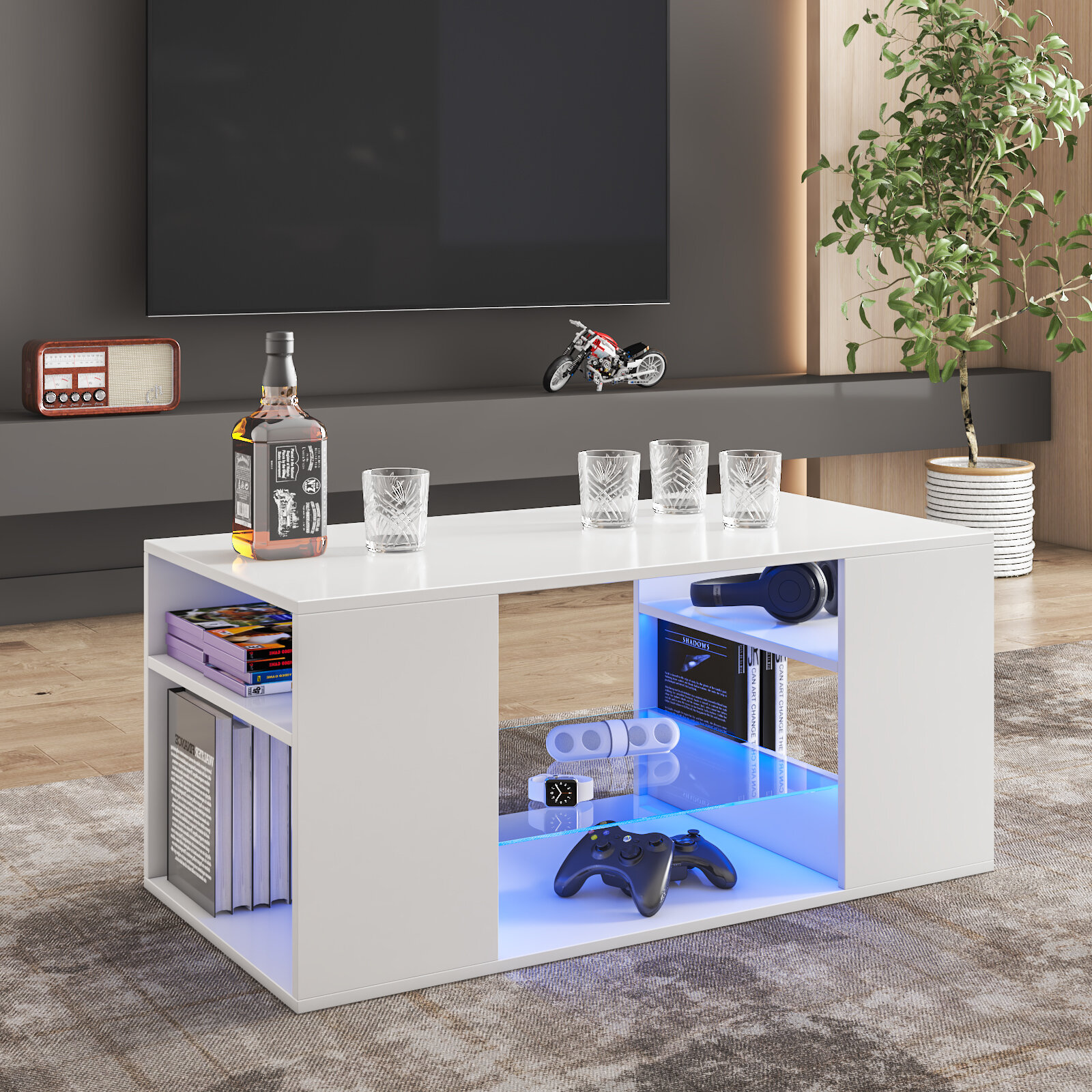 Image of Hommpa LED Coffee Tables with 3 Shelves Open Storage High Glossy Center Table Sofa Cocktail Table with 16 Colors LED Lig