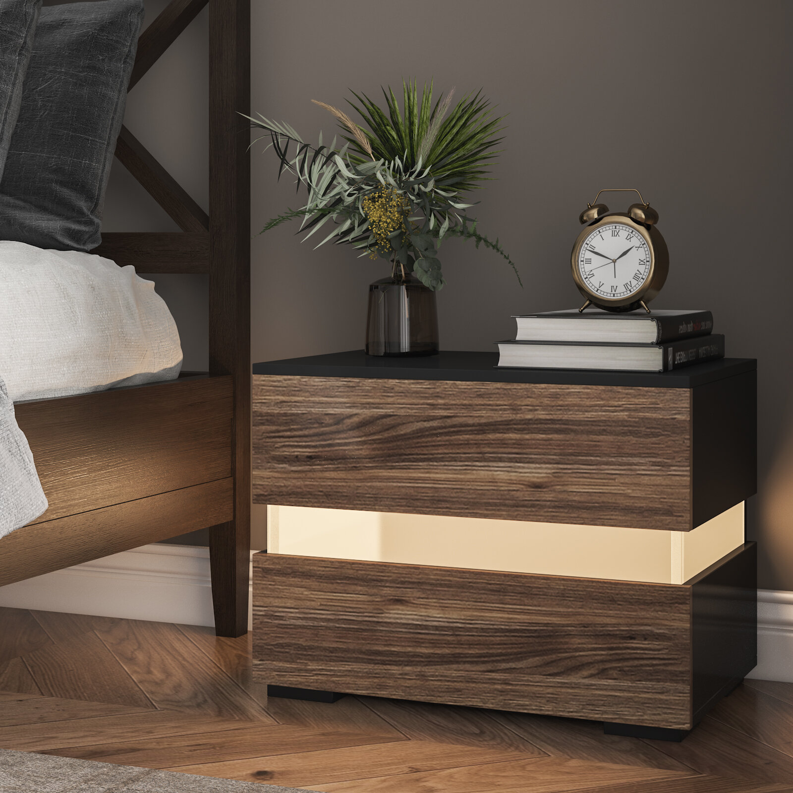 Image of Hommpa LED Modern Design Nightstand Bedside Table Cabinet with 2 Drawers Brownfor Bedroom Living Room