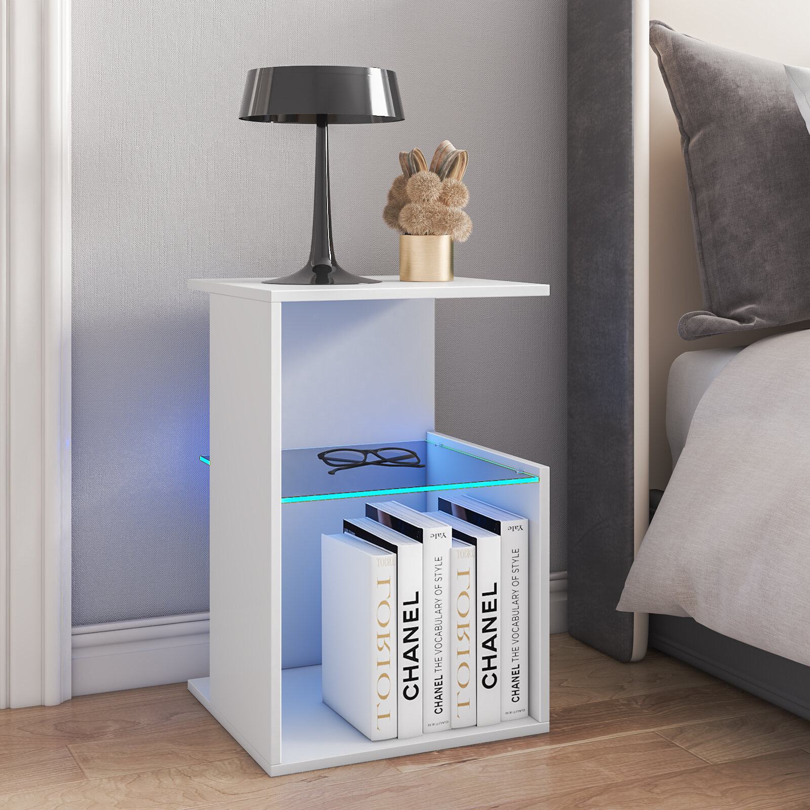 Image of Hommpa Led Nightstand Modern Led Bedside Table with Glass Shelf 3 Layer Led End Table for Bedroom Living Room