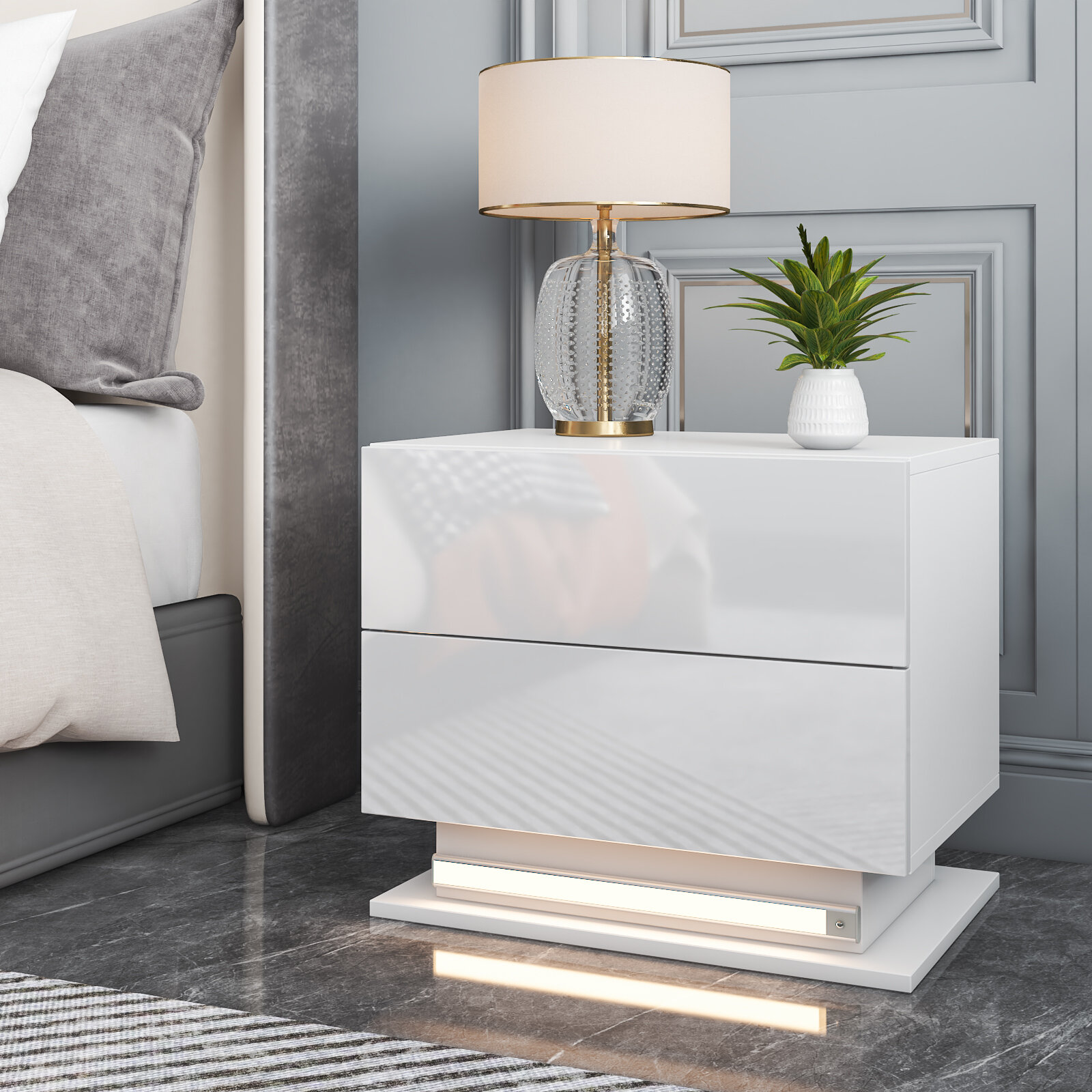 Image of Hommpa Led Nightstand with 2 High Gloss Drawers Modern White Nightstands with Smart Motion Sensor Rechargeable Led Light