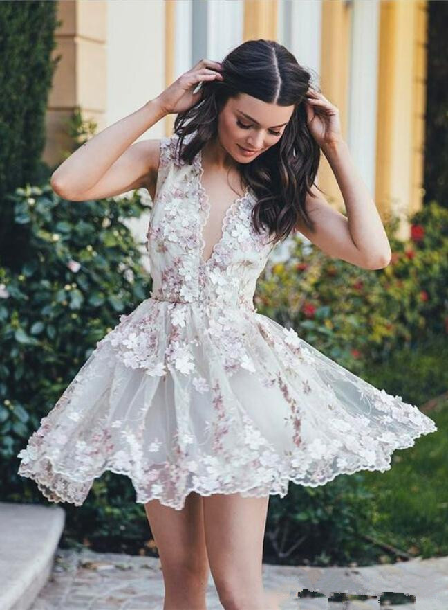 Image of Hot Deep V-Neck Homecoming Dress With 3D Flower Appliques Short Prom Gown Formal Party