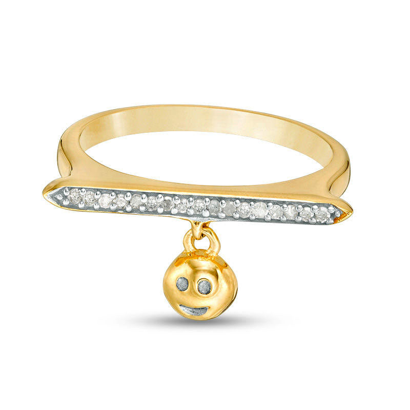 Image of ID 1 005 CT TW Natural Diamond Bar and Smiley Face Charm Ring in Sterling Silver with Solid 14K Gold Plate
