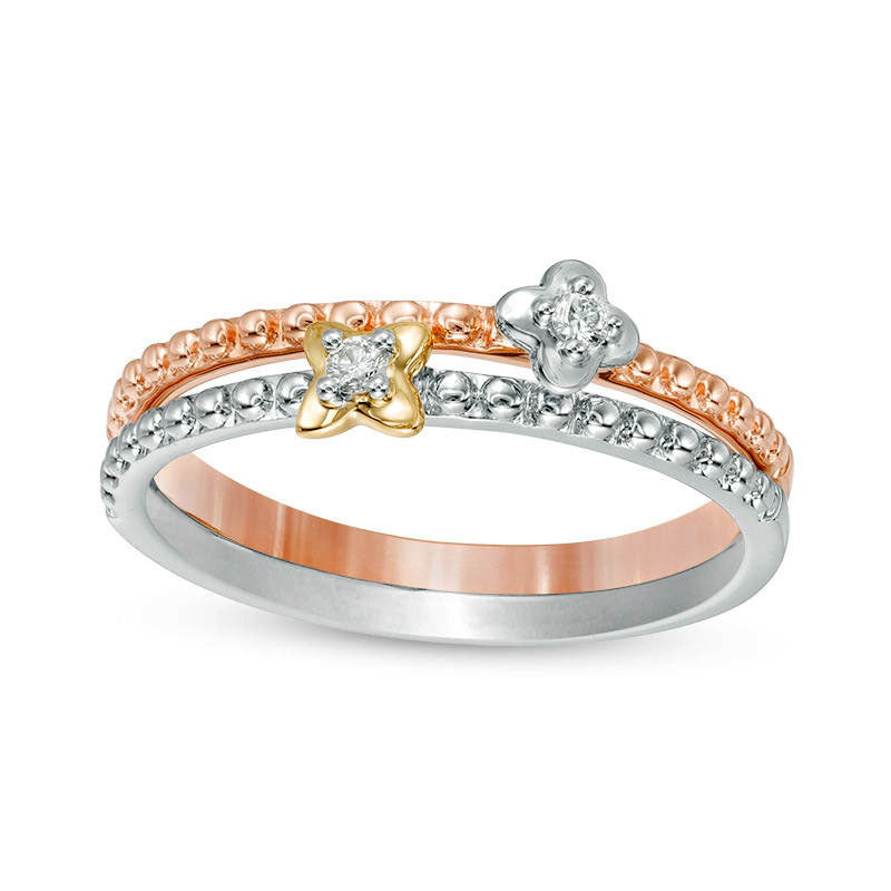Image of ID 1 005 CT TW Natural Diamond Clover Two Piece Stackable Ring Set in Solid 10K Tri-Tone Gold
