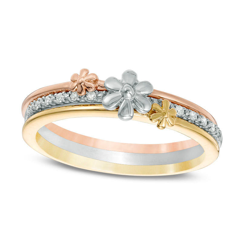 Image of ID 1 005 CT TW Natural Diamond Flower Three Piece Stackable Band Set in Solid 10K Tri-Tone Gold