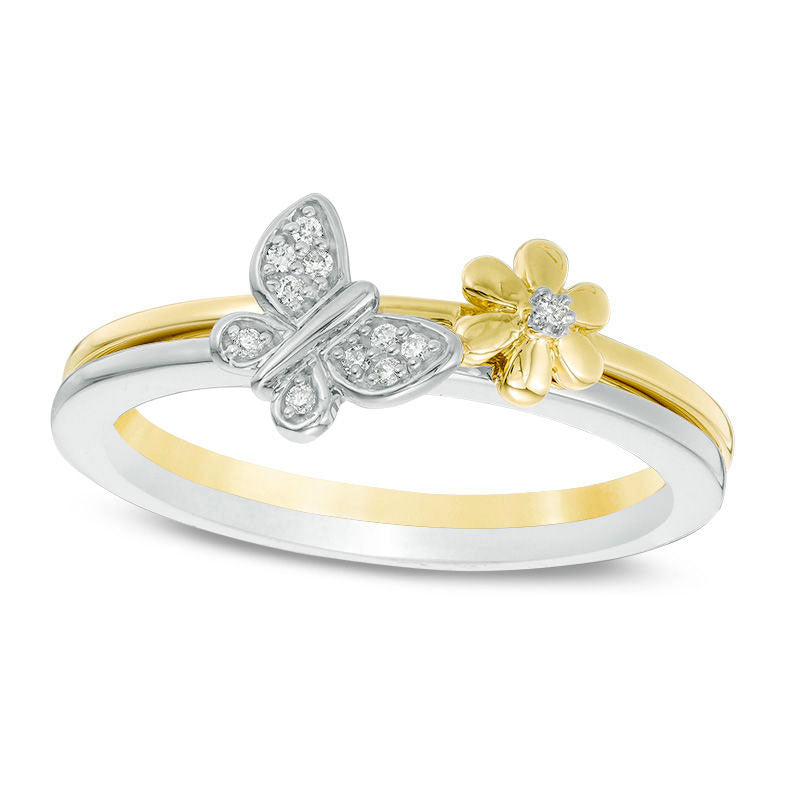 Image of ID 1 005 CT TW Natural Diamond Flower and Butterfly Two Piece Stackable Ring Set in Solid 10K Two-Tone Gold