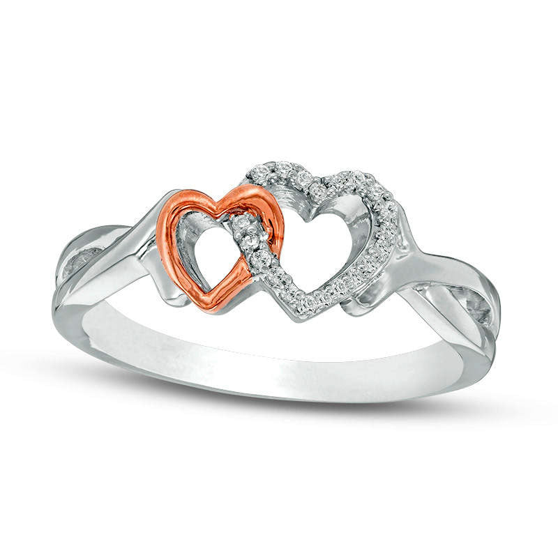 Image of ID 1 005 CT TW Natural Diamond Interlocking Double Heart Ring in Sterling Silver and Solid 10K Rose Gold