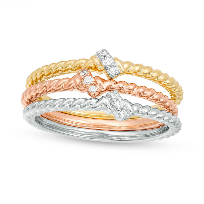 Image of ID 1 005 CT TW Natural Diamond Slant Twist Three Piece Stackable Band Set in Solid 10K Tri-Tone Gold