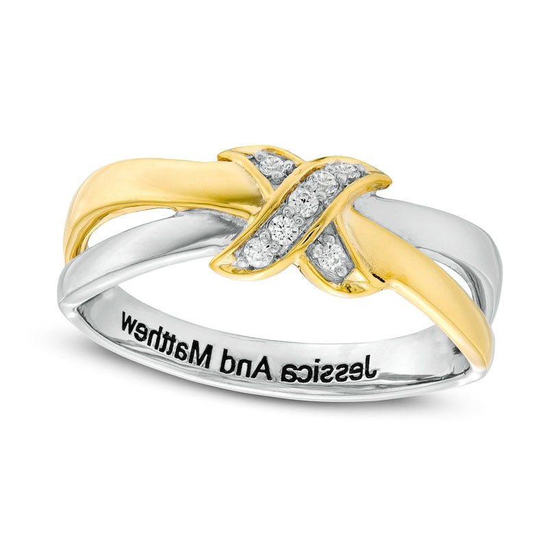 Image of ID 1 005 CT TW Natural Diamond X Engravable Crossover Split Shank Promise Ring in Sterling Silver and Solid 10K Yellow Gold (1 Line)