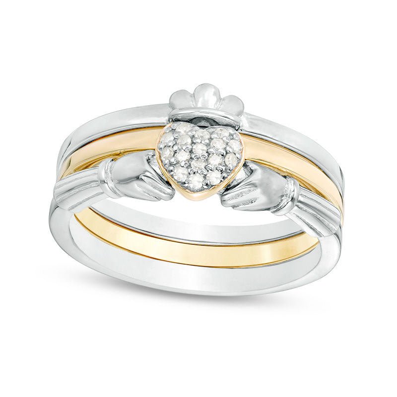 Image of ID 1 007 CT TW Natural Diamond Claddagh Three Piece Stackable Band Set in Sterling Silver and Solid 18K Gold Plate