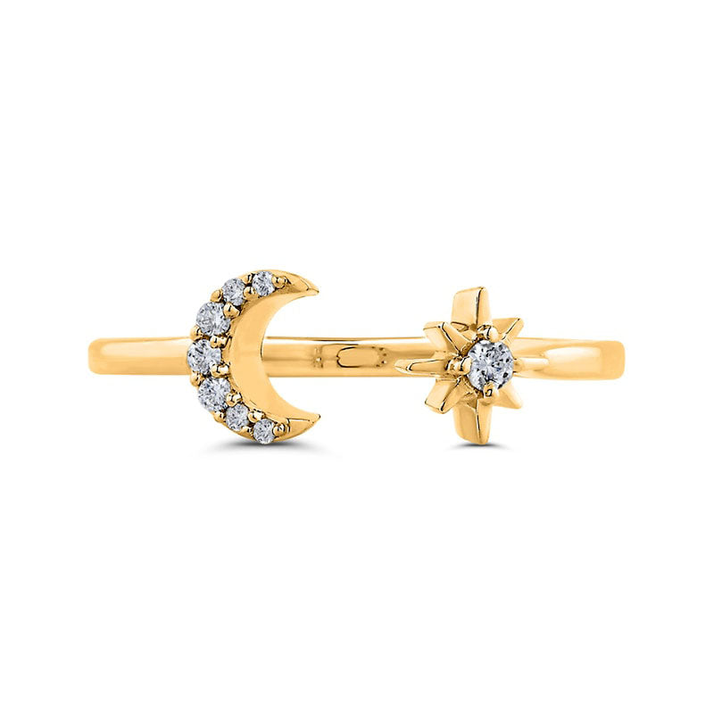 Image of ID 1 007 CT TW Natural Diamond Crescent Moon and Eight-Point Star Open Ring in Solid 10K Yellow Gold