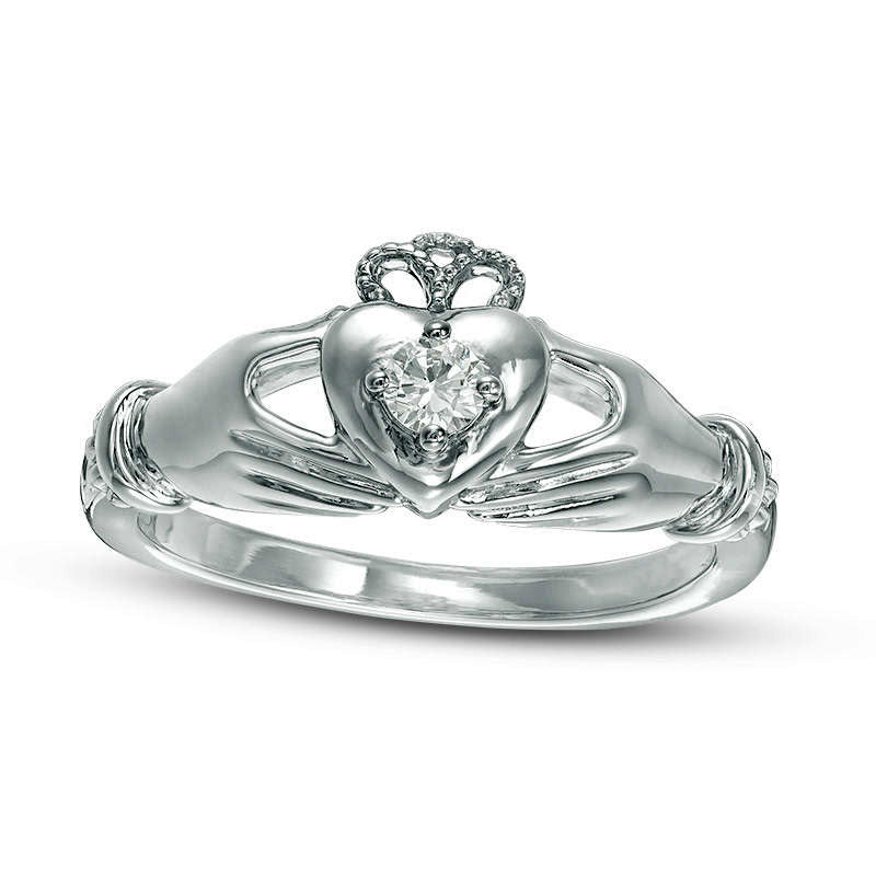 Image of ID 1 010 CT Natural Clarity Enhanced Diamond Solitaire Claddagh Promise Ring in Solid 10K White Gold