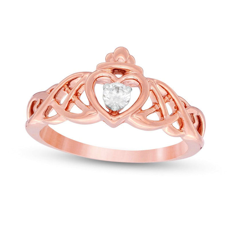 Image of ID 1 010 CT Natural Clarity Enhanced Diamond Solitaire Heart Crown Celtic Scroll Ring in Solid 10K Rose Gold