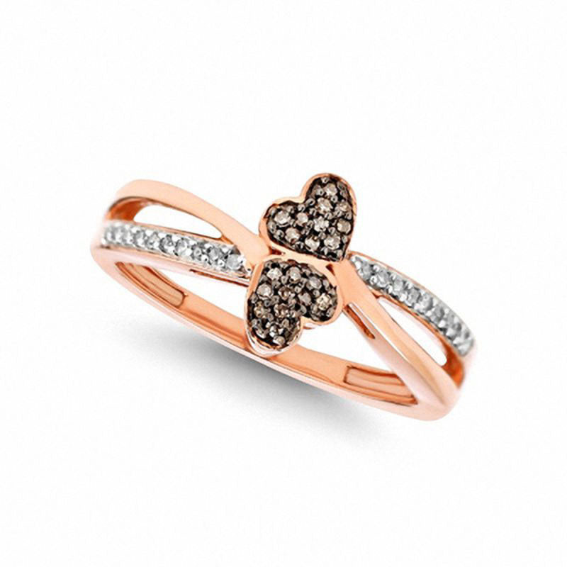 Image of ID 1 010 CT TW Champagne and White Natural Diamond Double Heart Bypass Ring in Solid 10K Rose Gold