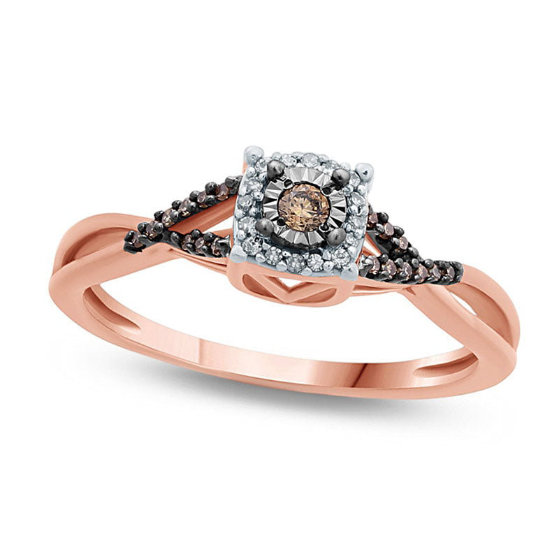 Image of ID 1 010 CT TW Champagne and White Natural Diamond Frame Twist Shank Promise Ring in Solid 10K Rose Gold