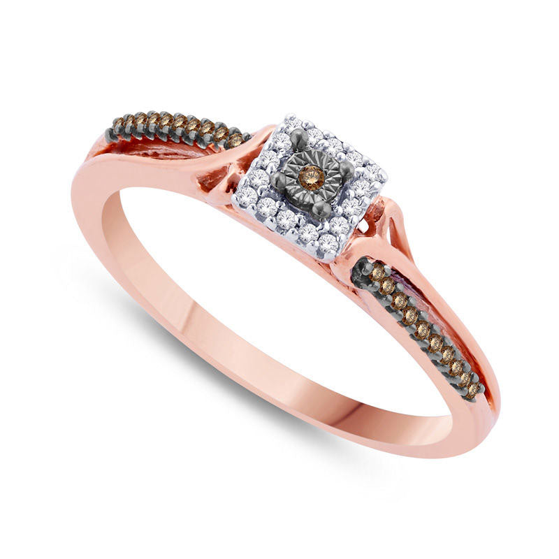 Image of ID 1 010 CT TW Champagne and White Natural Diamond Square Frame Promise Ring in Solid 10K Rose Gold