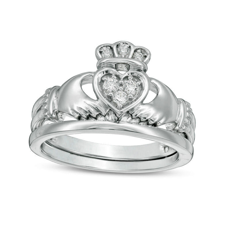 Image of ID 1 010 CT TW Composite Natural Diamond Claddagh Bridal Engagement Ring Set in Solid 10K White Gold
