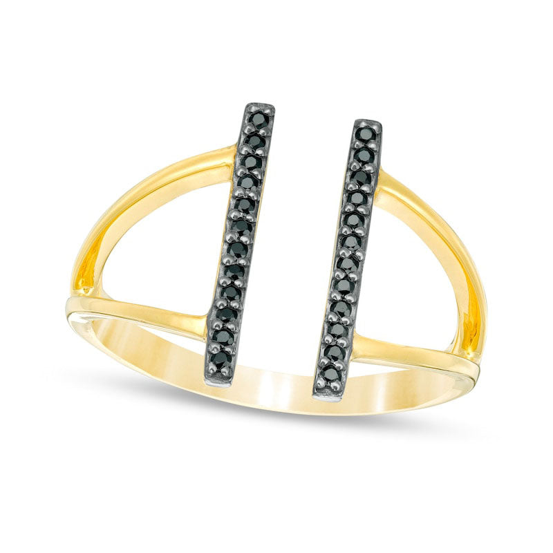 Image of ID 1 010 CT TW Enhanced Black Natural Diamond Double Bar Open Split Shank Ring in Solid 10K Yellow Gold