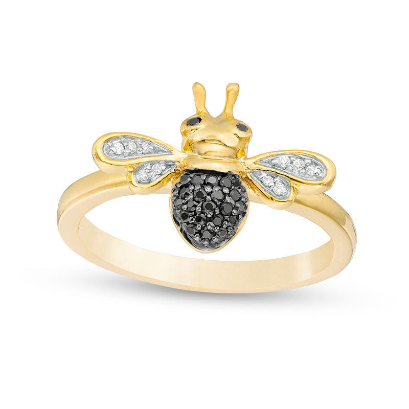 Image of ID 1 010 CT TW Enhanced Black and White Natural Diamond Bumble Bee Ring in Sterling Silver and Solid 14K Gold Plate