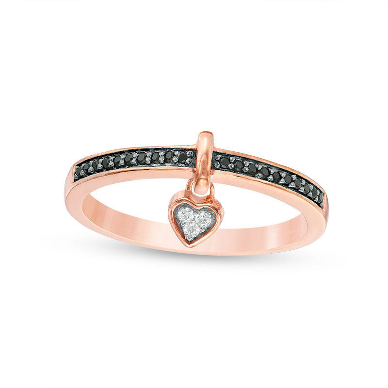 Image of ID 1 010 CT TW Enhanced Black and White Natural Diamond Heart-Shaped Dangle Ring in Sterling Silver with Solid 14K Rose Gold Plate
