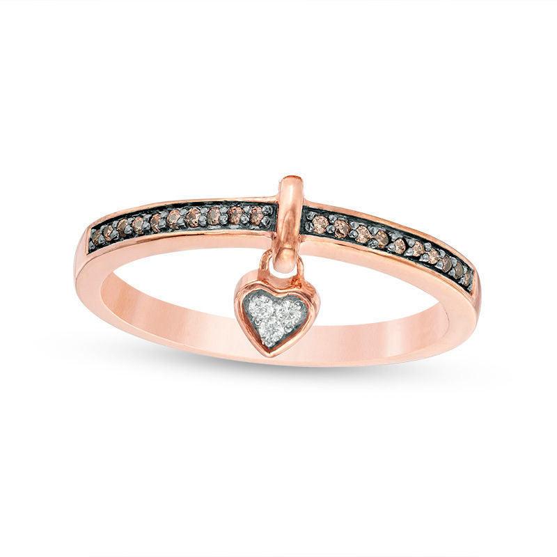 Image of ID 1 010 CT TW Enhanced Champagne and White Natural Diamond Heart-Shaped Dangle Ring in Solid 10K Rose Gold with Black Rhodium