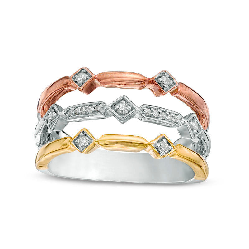 Image of ID 1 010 CT TW Natural Diamond Alternating Geometric Three Row Ring in Solid 10K Tri-Tone Gold