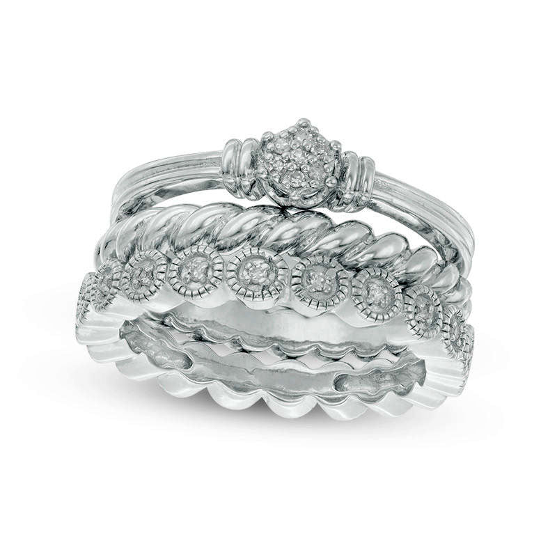 Image of ID 1 010 CT TW Natural Diamond Antique Vintage-Style Three Piece Stackable Band Set in Sterling Silver