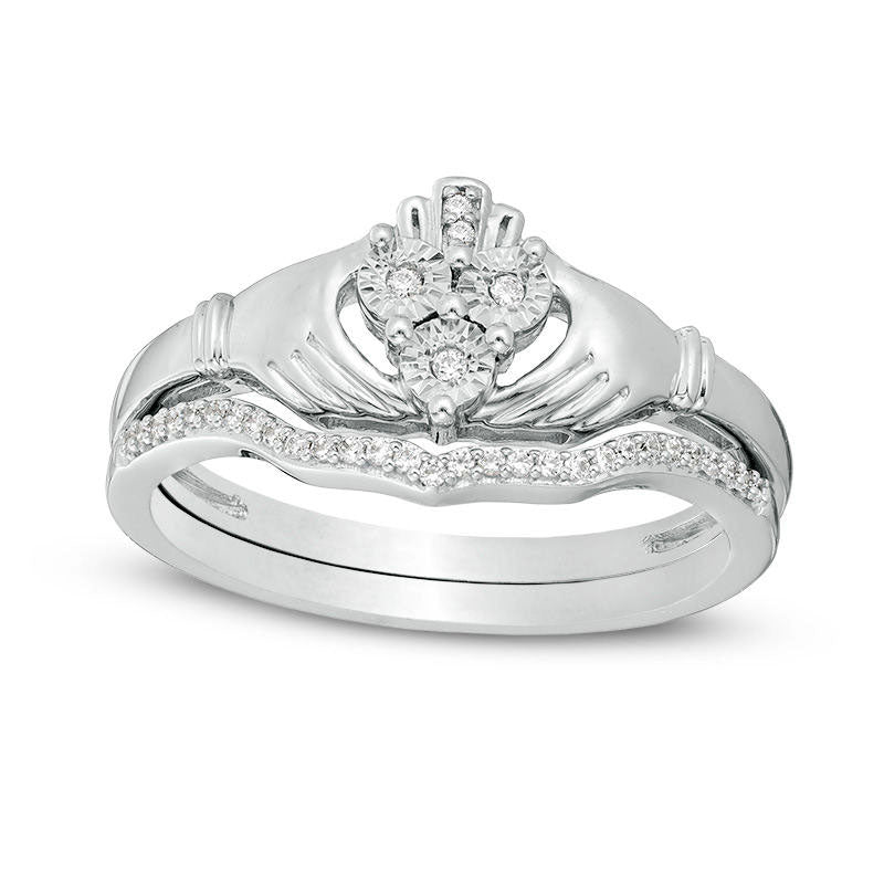 Image of ID 1 010 CT TW Natural Diamond Claddagh Bridal Engagement Ring Set in Sterling Silver