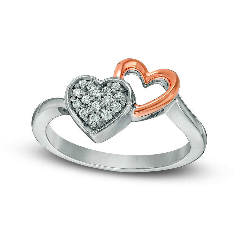 Image of ID 1 010 CT TW Natural Diamond Double Heart Ring in Sterling Silver and Solid 10K Rose Gold