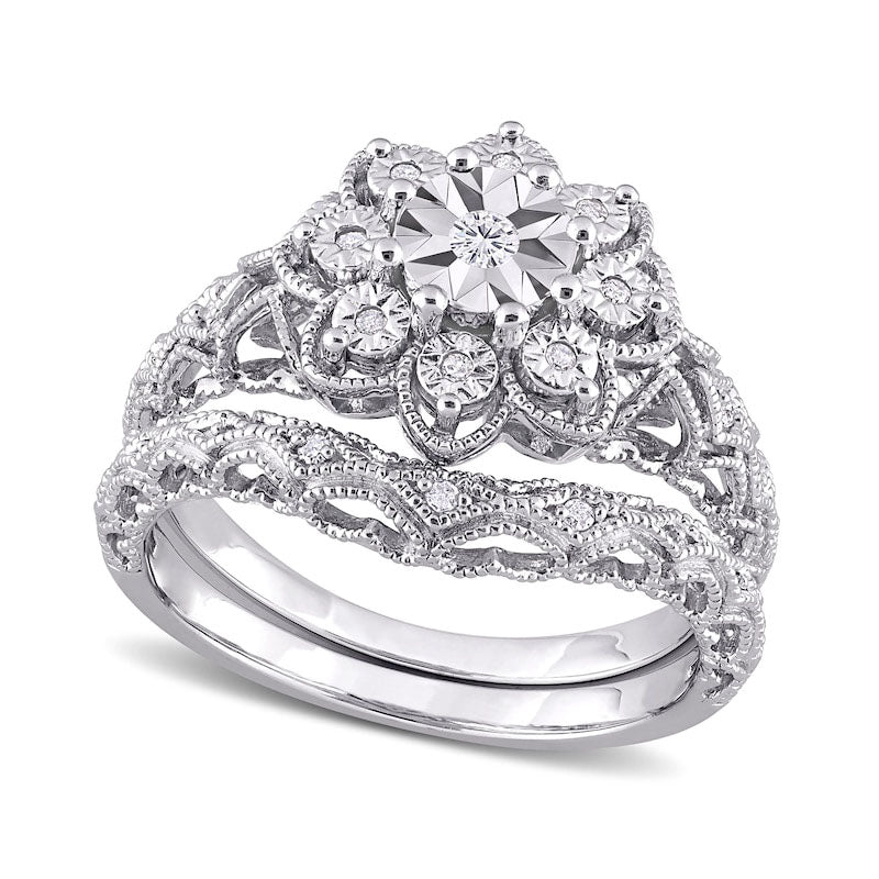 Image of ID 1 010 CT TW Natural Diamond Flower Frame Antique Vintage-Style Bridal Engagement Ring Set in Sterling Silver