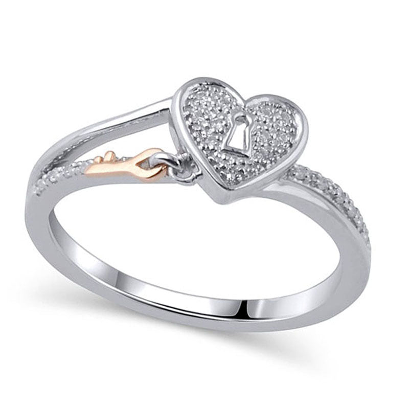 Image of ID 1 010 CT TW Natural Diamond Heart-Shaped Lock with Key Dangle Ring in Sterling Silver and Solid 18K Rose Gold Plate