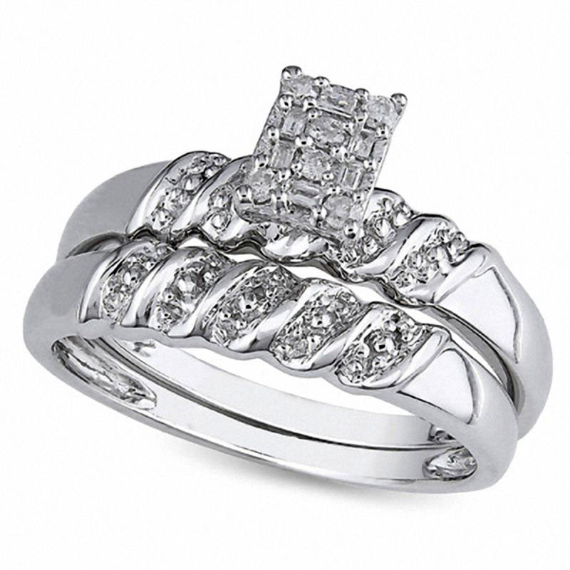 Image of ID 1 010 CT TW Natural Diamond Rectangular Cluster Bridal Engagement Ring Set in Sterling Silver