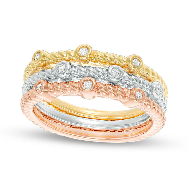 Image of ID 1 010 CT TW Natural Diamond Rope-Textured Three Piece Stackable Band Set in Sterling Silver with Solid 14K Two-Tone Gold Plate