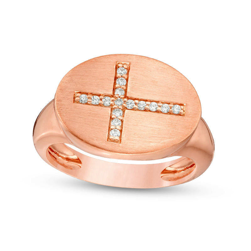 Image of ID 1 010 CT TW Natural Diamond Sideways Cross Oval Signet Ring in Solid 10K Rose Gold