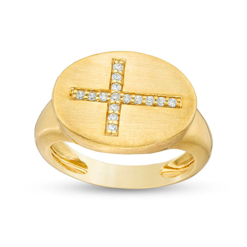 Image of ID 1 010 CT TW Natural Diamond Sideways Cross Oval Signet Ring in Solid 10K Yellow Gold