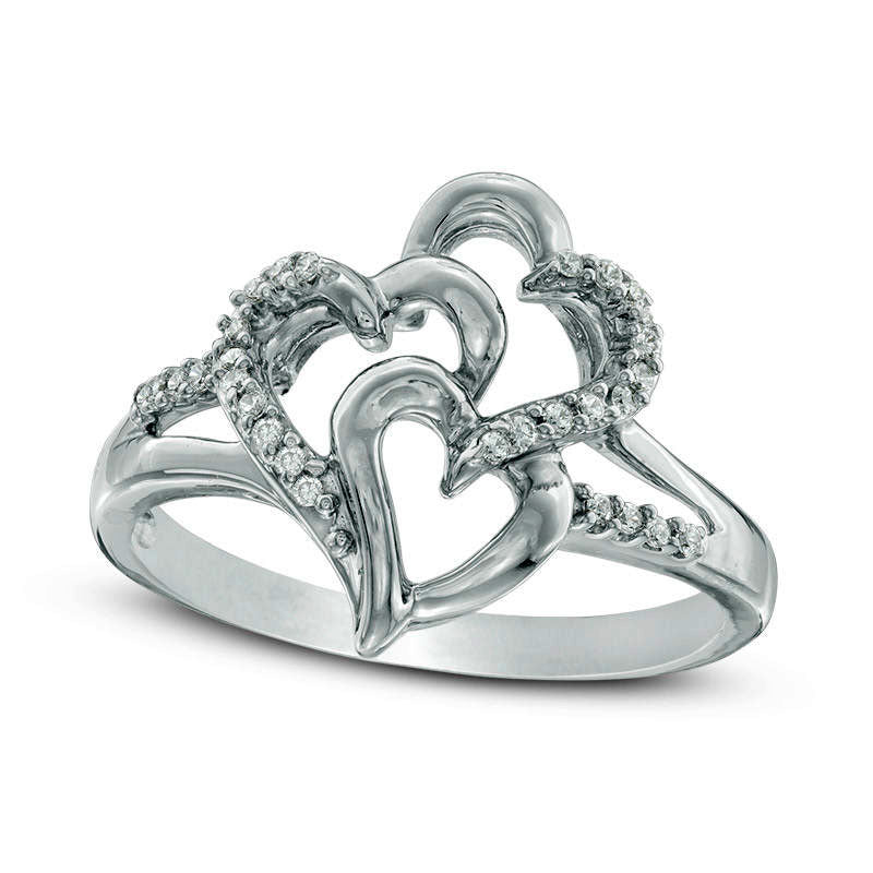 Image of ID 1 010 CT TW Natural Diamond Three Heart Split Shank Ring in Sterling Silver