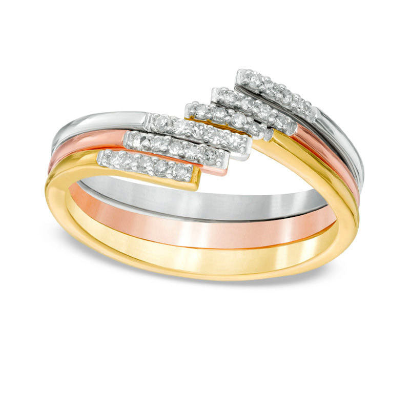 Image of ID 1 010 CT TW Natural Diamond Three Piece Stackable Band Set in Sterling Silver and Solid 14K Two-Tone Gold Plate