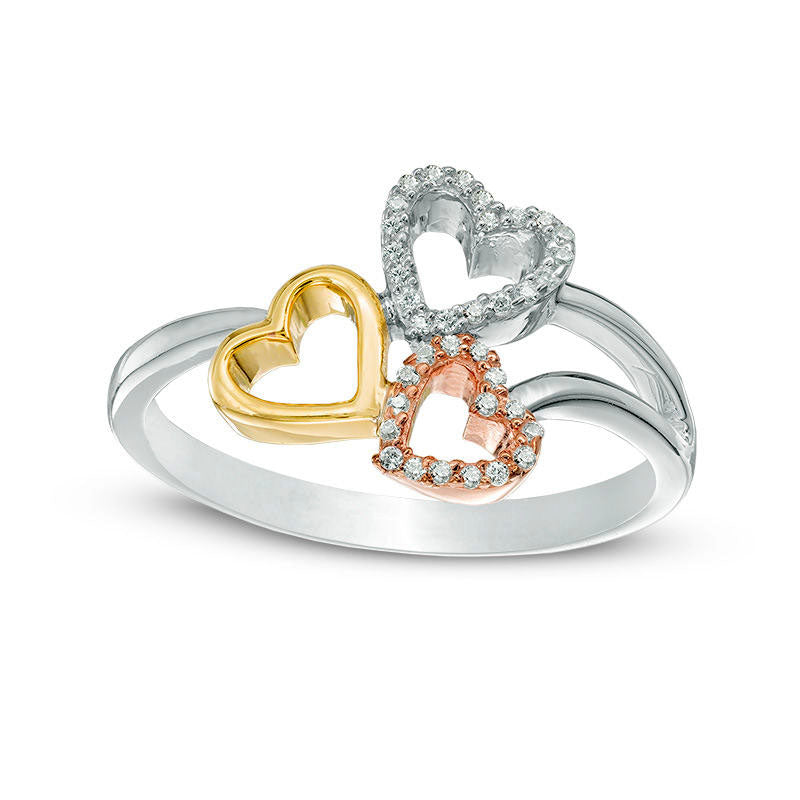 Image of ID 1 010 CT TW Natural Diamond Triple Heart Ring in Sterling Silver and Solid 10K Two-Tone Gold
